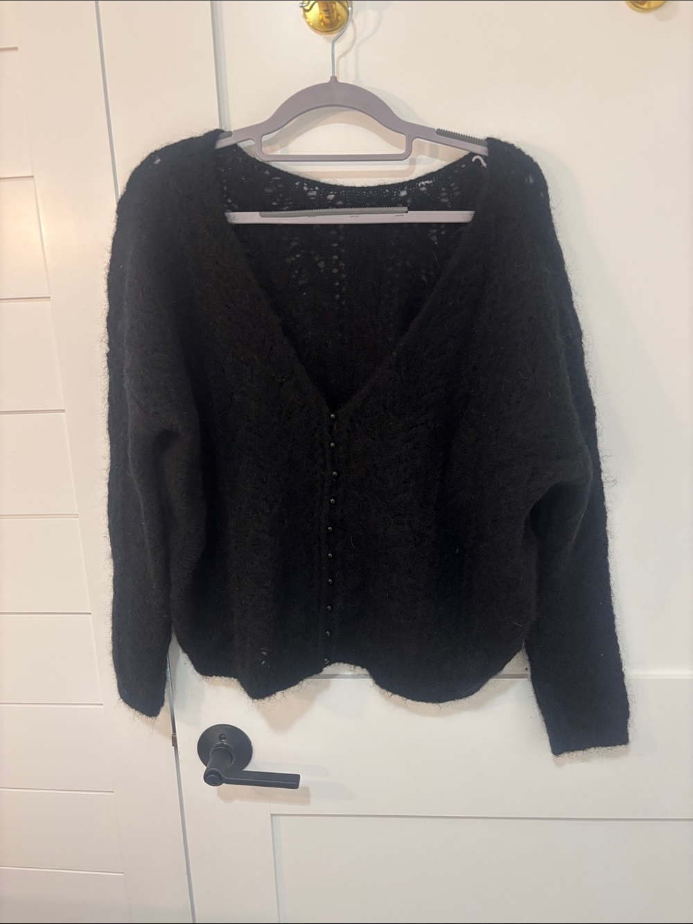 Sezane Black Off-the-Shoulder Fuzzy Button Cardigan
